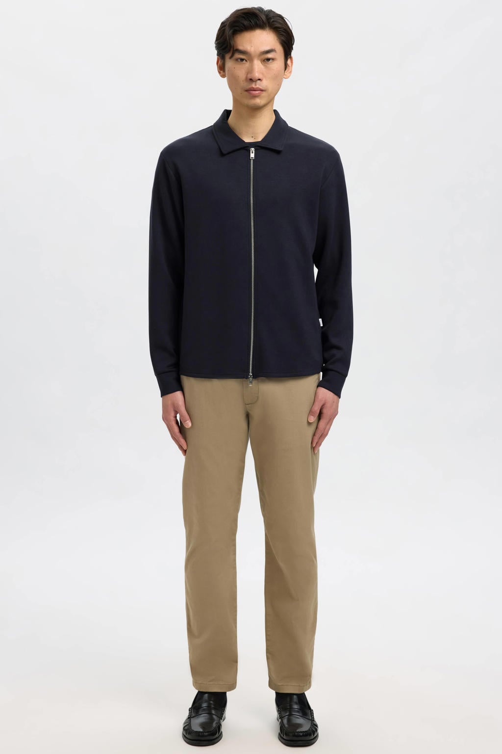 Donkerblauwe heren Selected sweatvest met effen, lange mouwen, klassieke kraag en ritssluiting