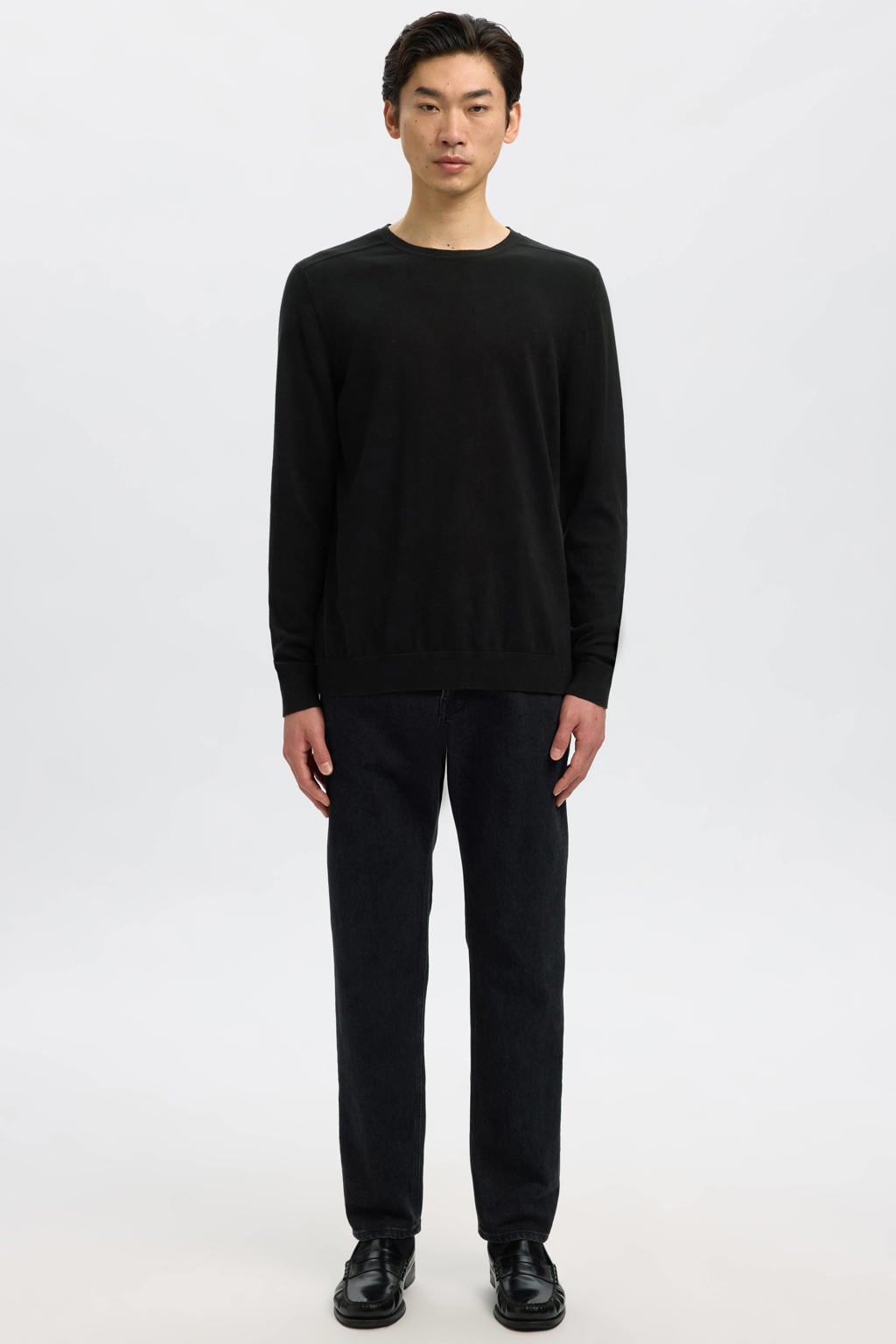 Zwarte heren Selected pullover fijn gebreid van katoen met effen, lange mouwen en ronde hals