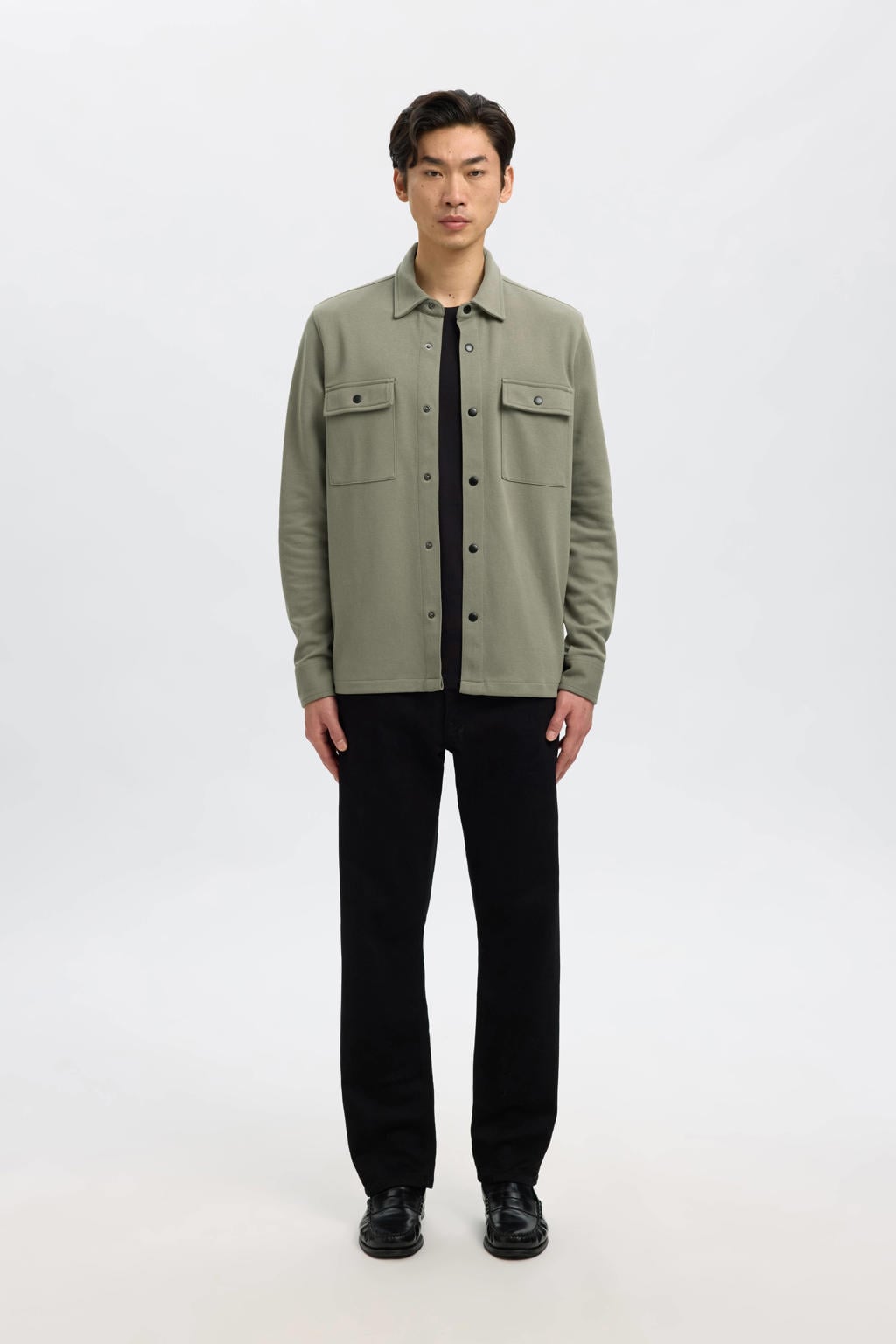 Groene heren SELECTED HOMME overshirt van katoen met effen, lange mouwen, klassieke kraag en drukknoopsluiting