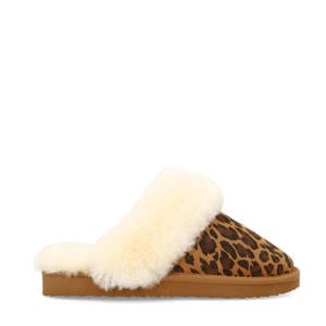 suède pantoffels met panterprint cognac/ecru