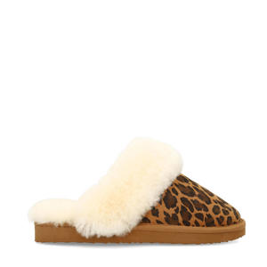 suède pantoffels met panterprint cognac/ecru