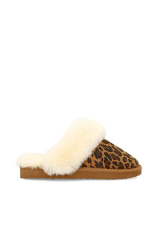 suède pantoffels met panterprint cognac/ecru