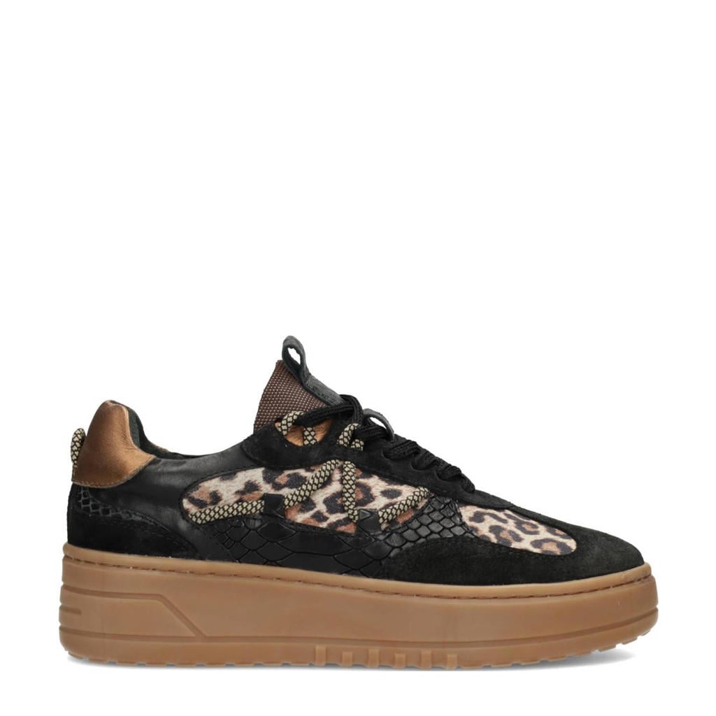 Zwarte dames Poelman Anemone leren sneakers panter met veters