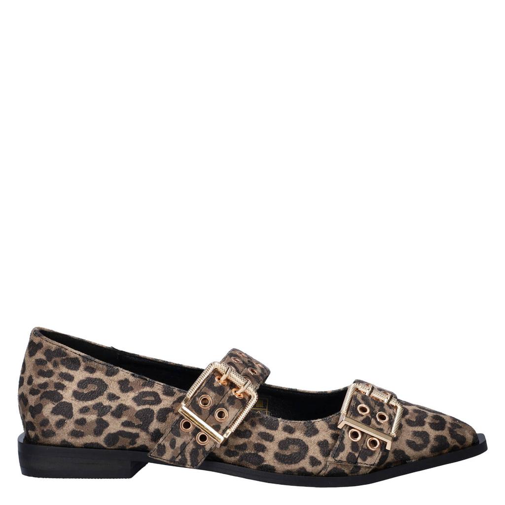 Beige en zwarte dames Nelson loafers van synthetisch nubuck met gesp en panterprint