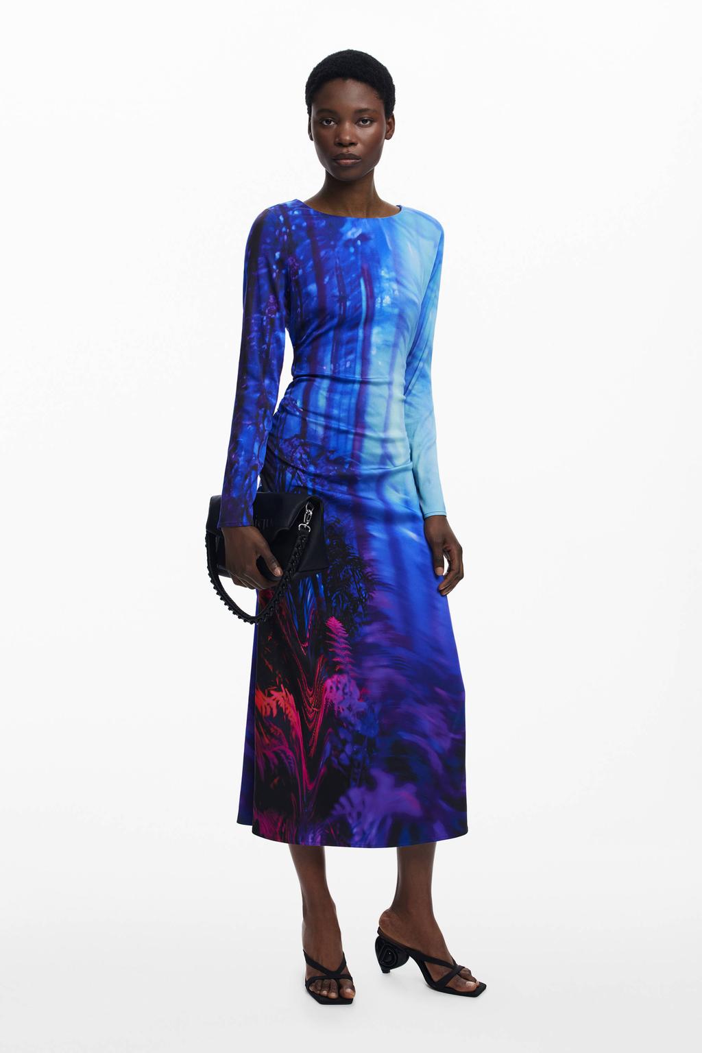 Blauwe dames Desigual midi jurk van viscose met lange mouwen, ronde hals en blinde ritssluiting