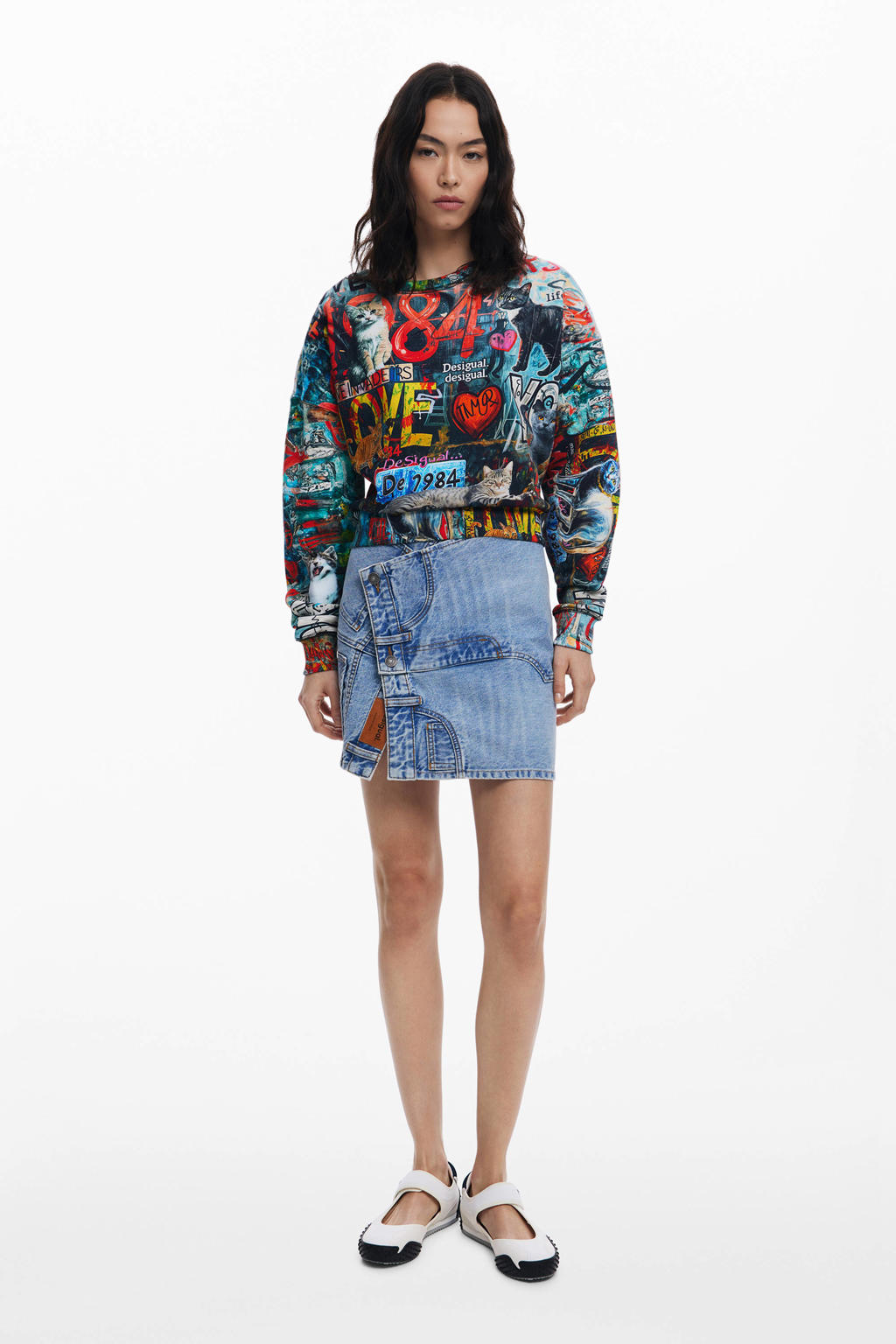 Zwarte dames Desigual sweater van katoen met lange mouwen en ronde hals