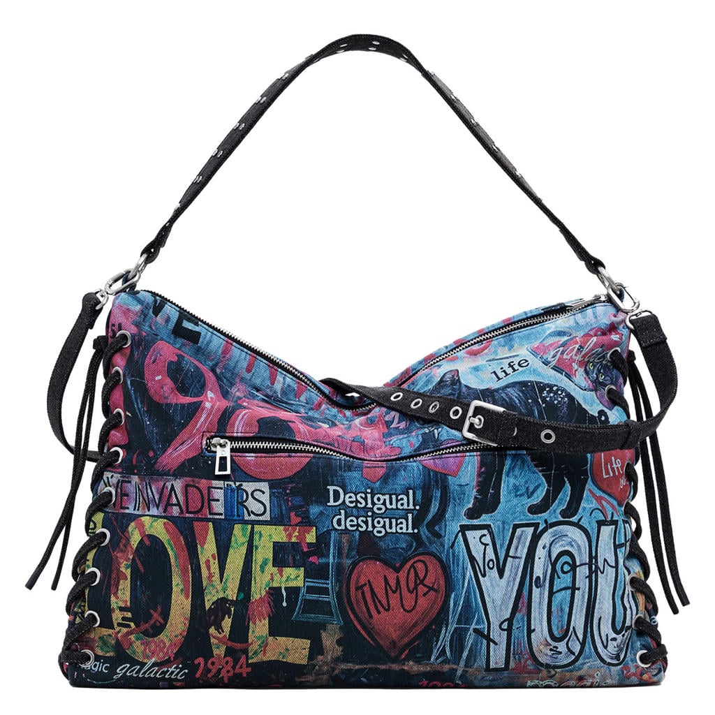 Desigual denim schoudertas met tekst multi