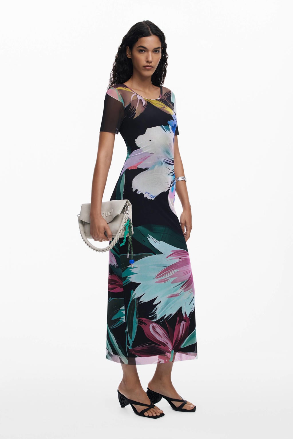 Zwarte dames Desigual gebloemde midi jurk van polyester met korte mouwen, ronde hals en mesh