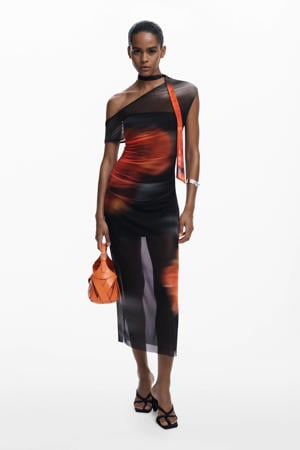 mesh off shoulder jurk zwart