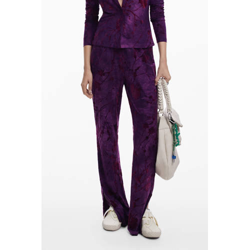 Desigual velours high waist gebloemde broek donkerpaars afbeelding