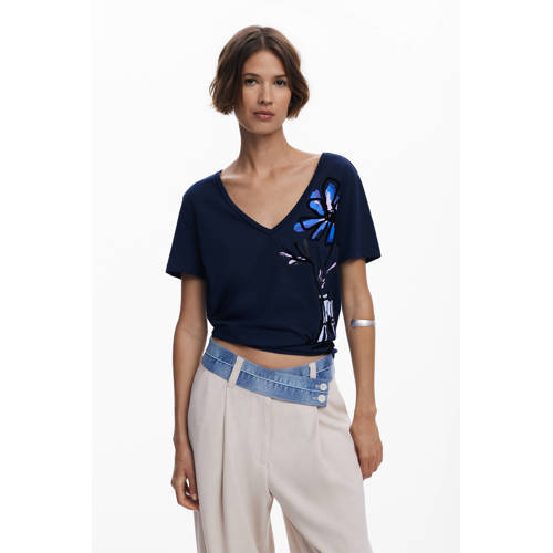 Desigual gebloemde T-shirt donkerblauw afbeelding