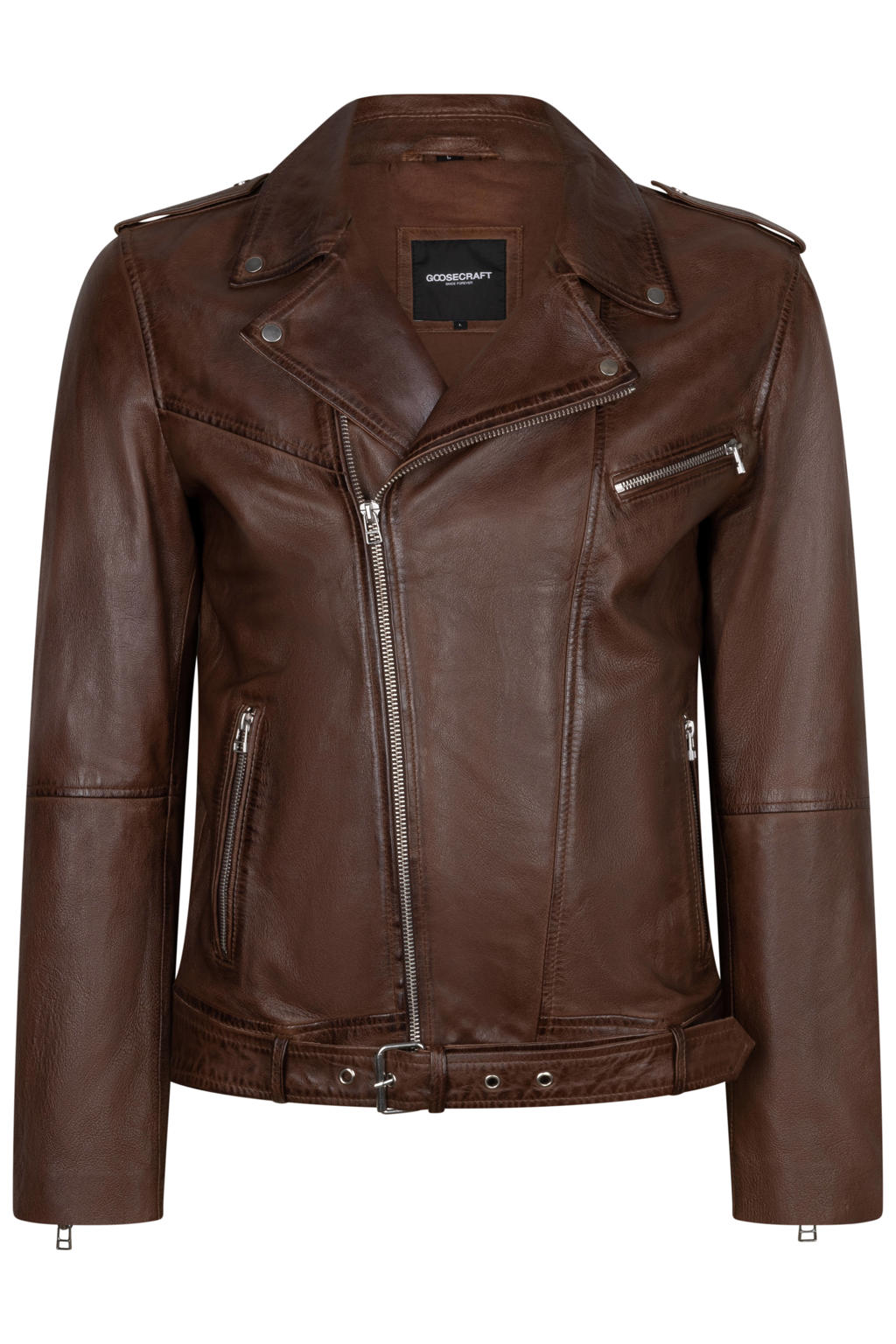 Bruine heren Goosecraft leren jas met effen, lange mouwen, reverskraag en ritssluiting