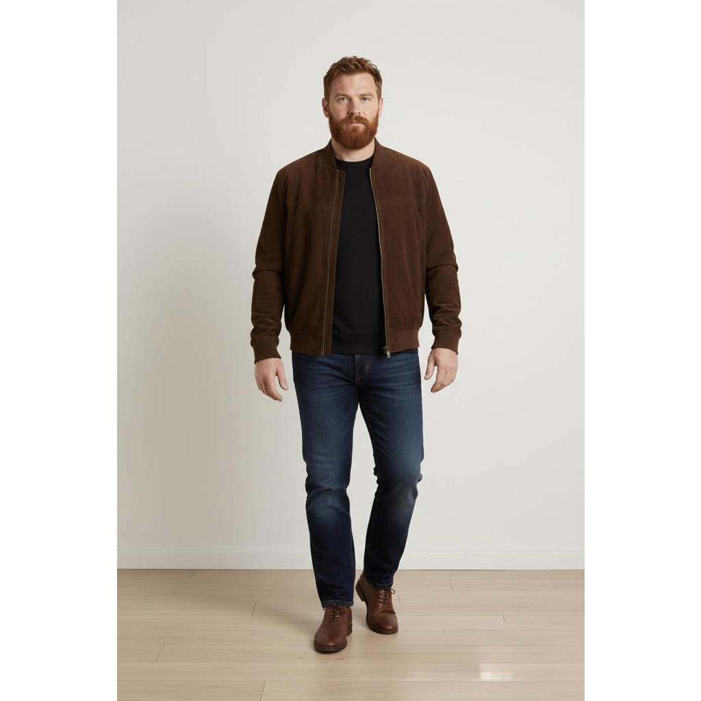 Donkerblauwe heren Goosecraft suede bomberjack met effen, lange mouwen, opstaande kraag, ritssluiting en geribde boorden