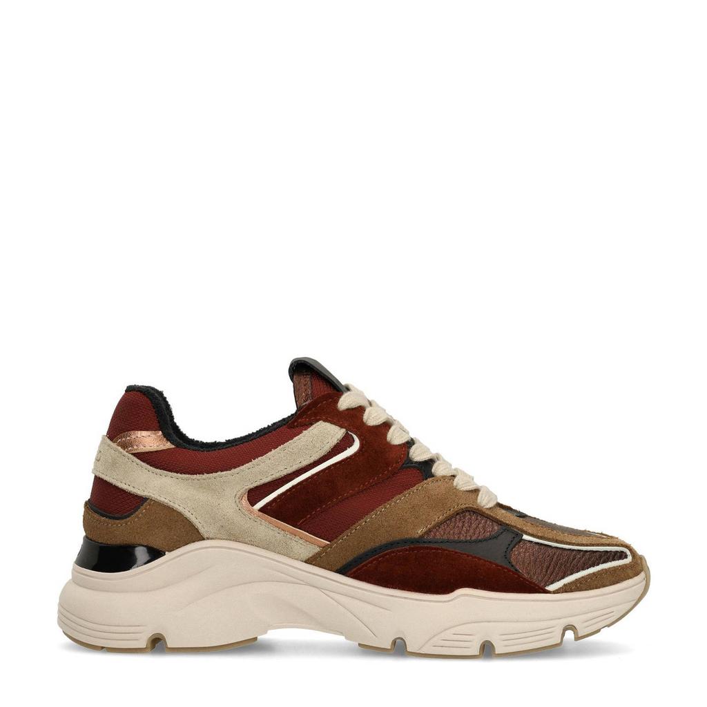 Bordeaux en beige dames Manfield chunky leren sneakers met veters