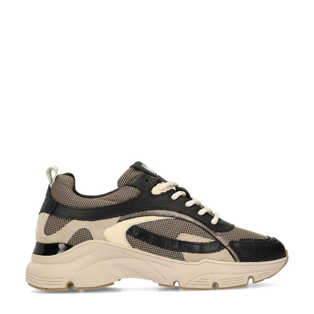 Zwart en beige dames Manfield chunky leren sneakers met veters