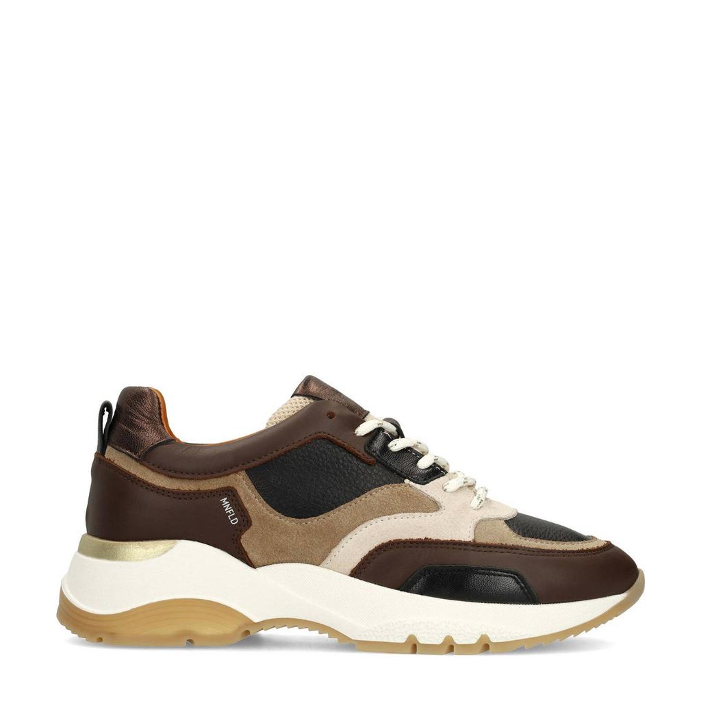 Bruine dames Manfield chunky leren sneakers met veters