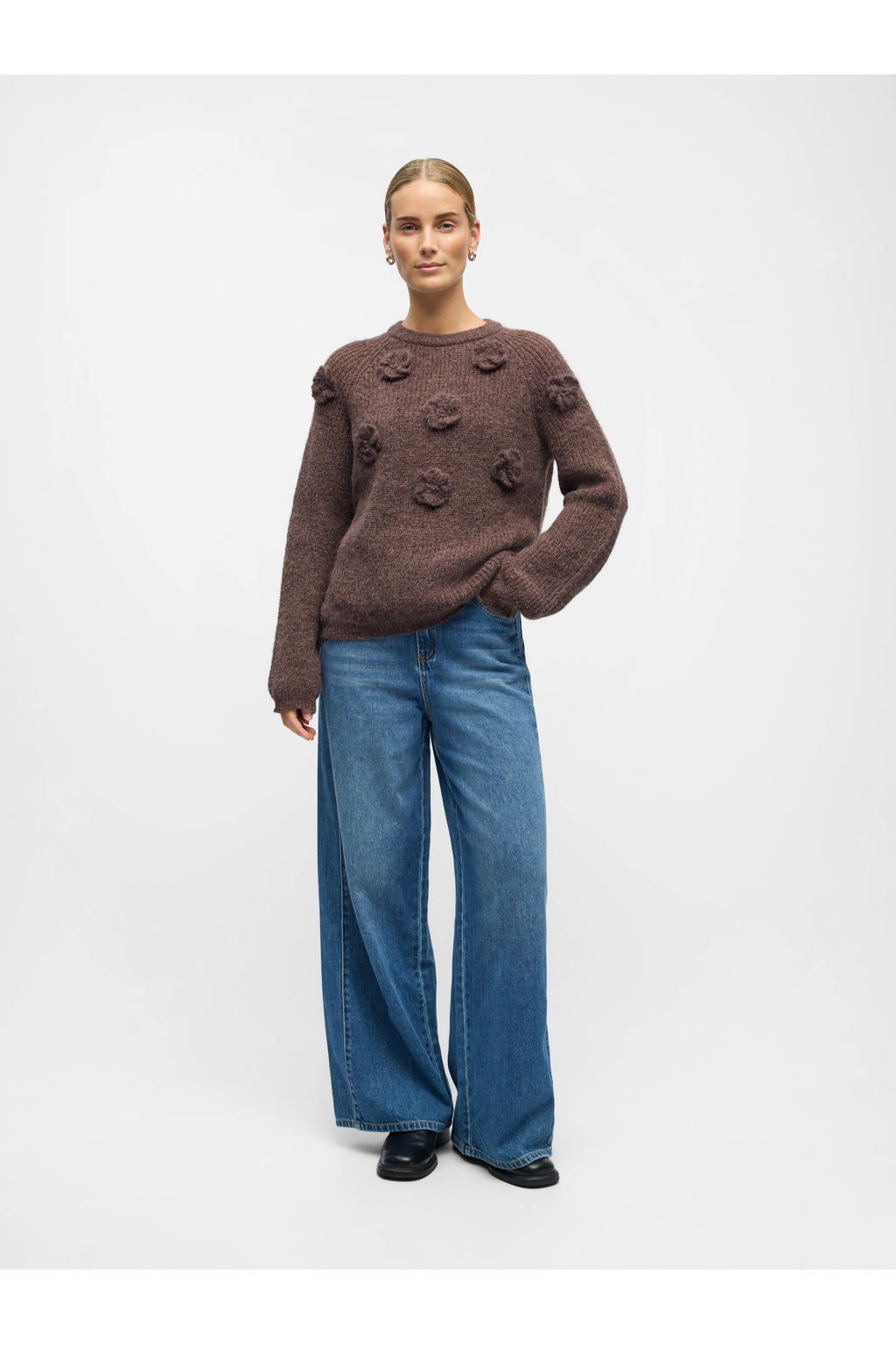 Bruine dames OBJECT trui gebreid van polyester met effen, lange mouwen en ronde hals