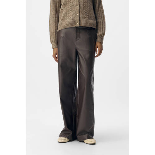 OBJECT imitatieleren wide leg regular waist casual broek bruin afbeelding