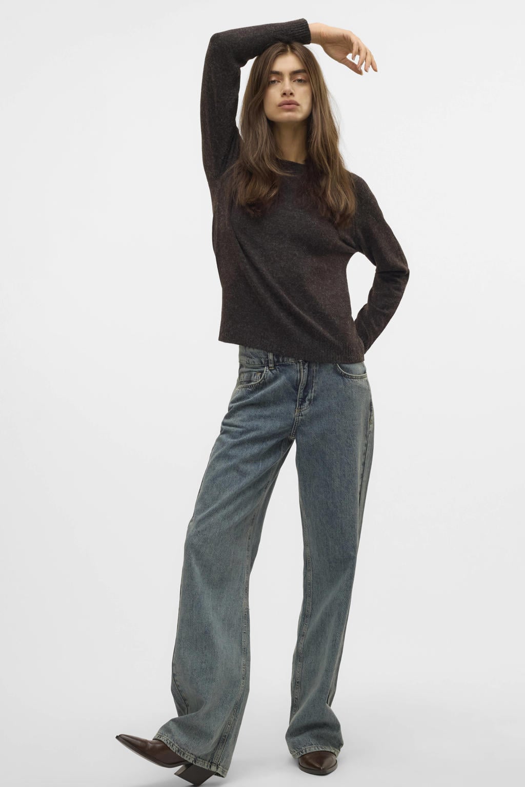 Donkerblauwe dames VERO MODA trui gebreid van polyester met effen, lange mouwen en ronde hals