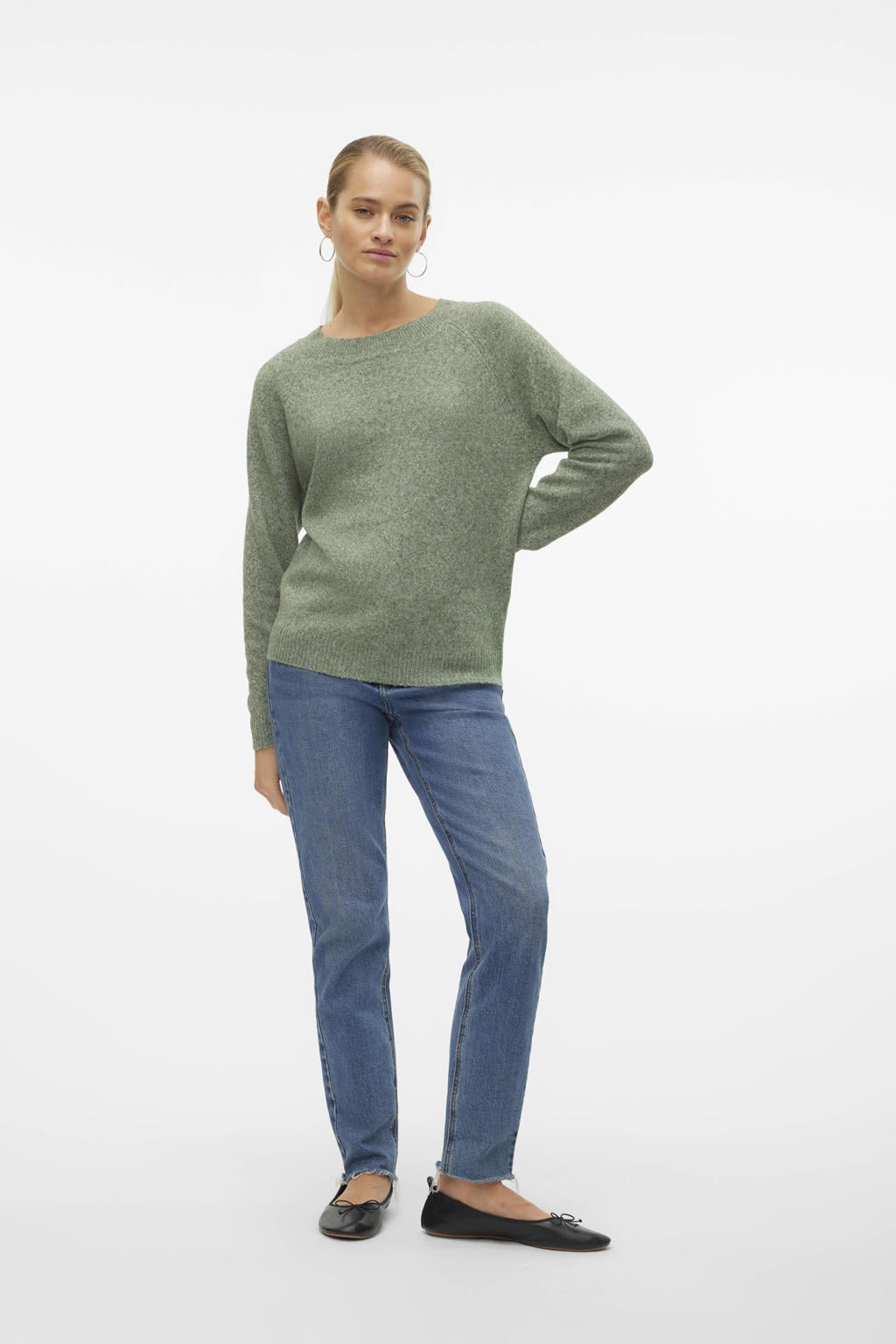 Groene dames VERO MODA trui gebreid van polyester met effen, lange mouwen en ronde hals