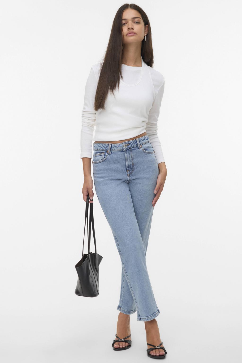 Light blue denim dames VERO MODA straight leg jeans van denim met rits- en knoopsluiting en effen