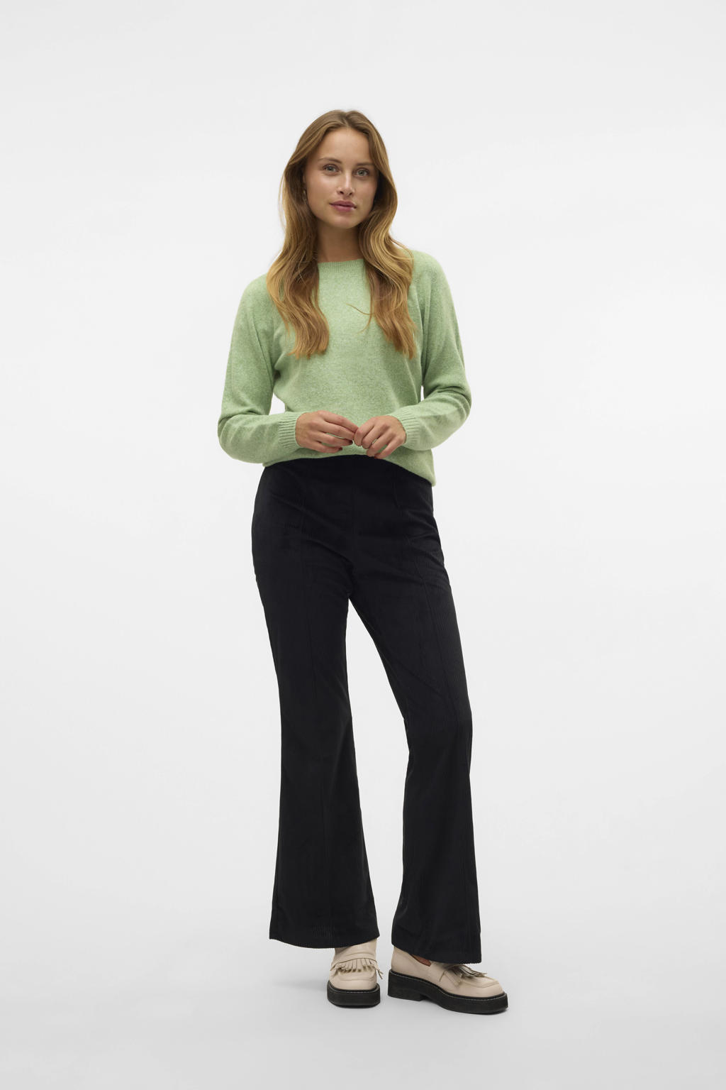 Groene dames VERO MODA trui gebreid van polyester met effen, lange mouwen en ronde hals