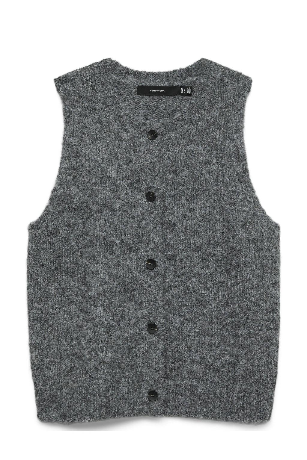 Grijs melange dames VERO MODA gebreid vest melange met effen, ronde hals en knoopsluiting