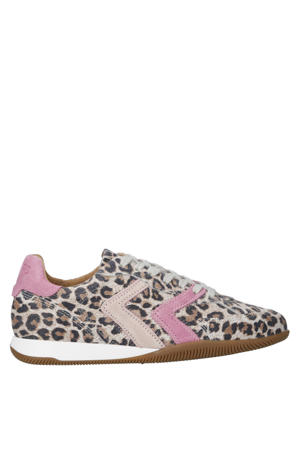 leren sneakers met panterprint beige/roze