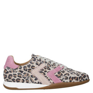 leren sneakers met panterprint beige/roze