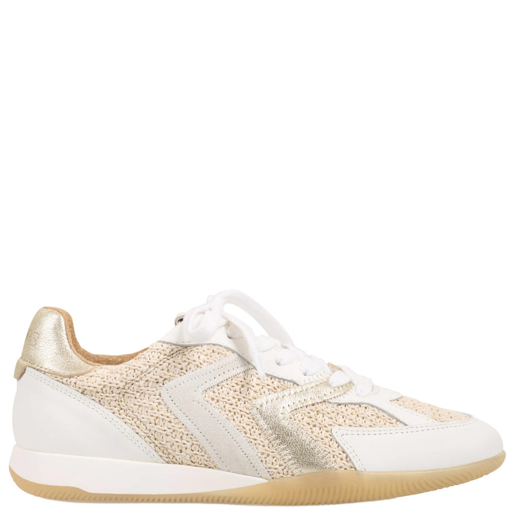 Wit en beige dames DWRS Hiki Raffia leren sneakers met veters