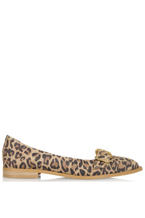 leren loafers met panterprint met siergesp beige/zwart