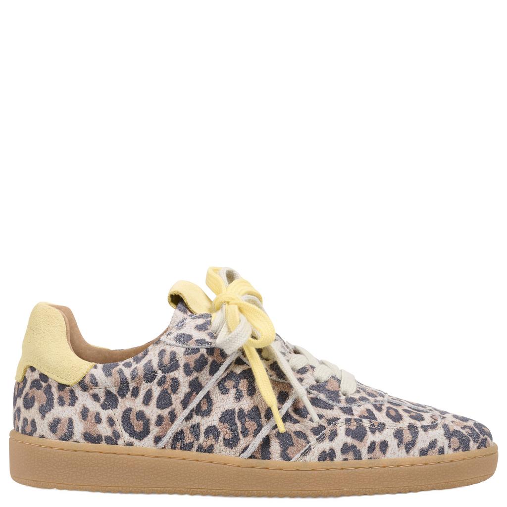 Beige en gele dames DWRS POONA leopard leren sneakers met veters en panterprint