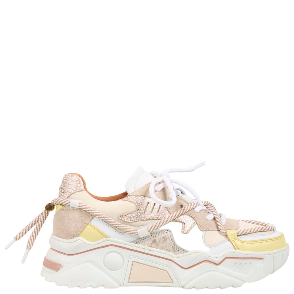 Beige en gele dames DWRS Jupiter chunky leren sneakers van 80% leer/20% textiel met veters