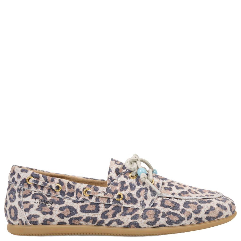 Beige en zwarte dames DWRS leren bootschoenen met veters en panterprint