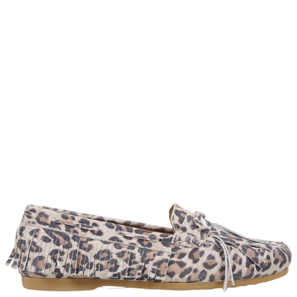 Beige dames DWRS Parral leren mocassins met panterprint