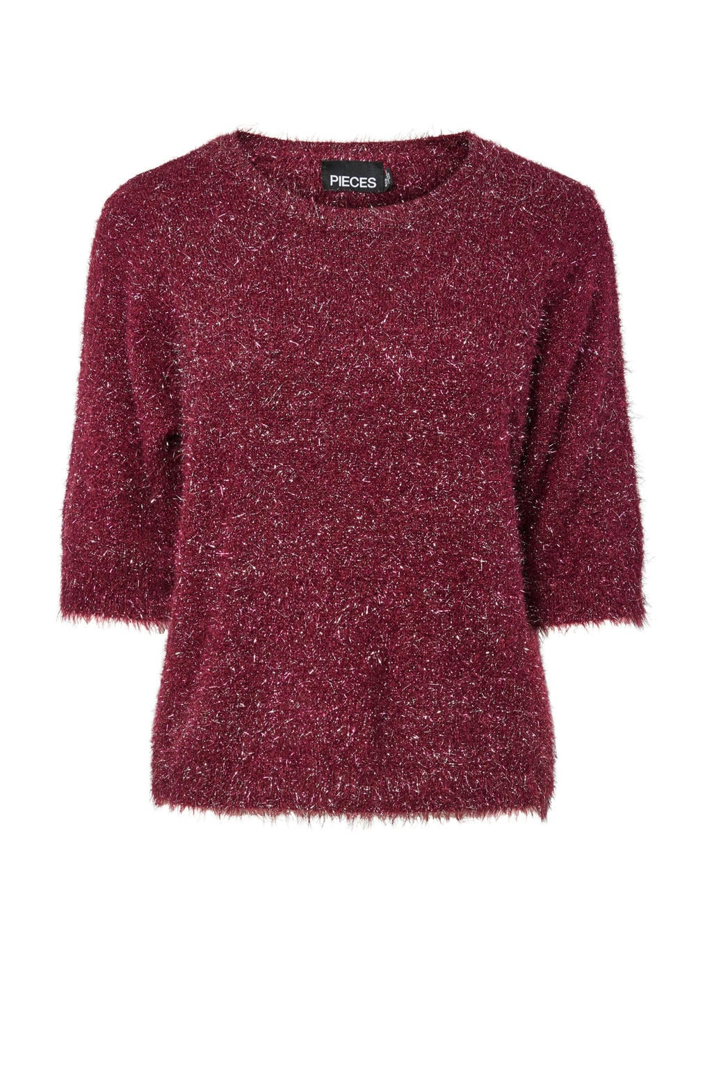 Donkerrode dames PIECES Curve top gebreid van nylon met effen, korte mouwen en ronde hals