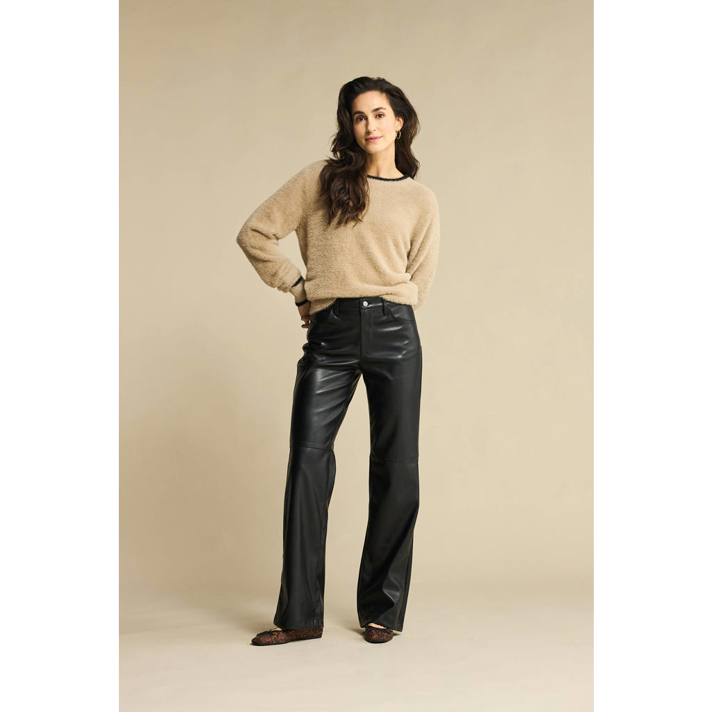 Zwarte dames Red Button imitatieleren wide leg regular waist broek met rits- en knoopsluiting