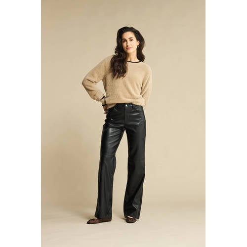 Red Button imitatieleren wide leg regular waist broek zwart afbeelding
