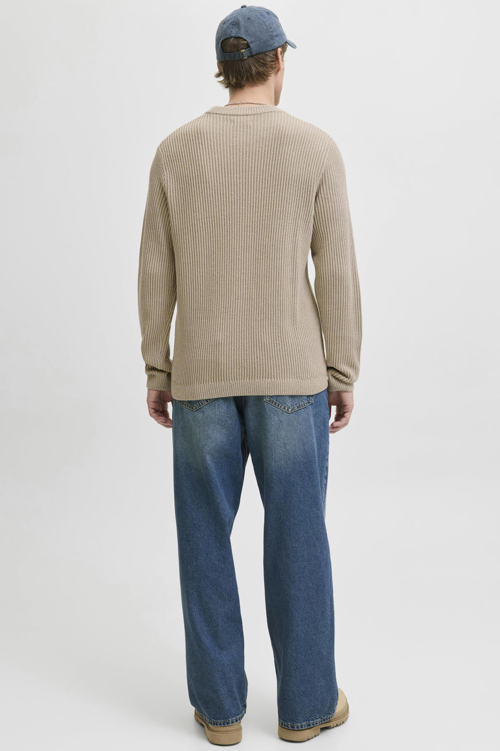 Beige heren JACK & JONES ESSENTIALS trui rib gebreid van katoen met effen, lange mouwen en ronde hals