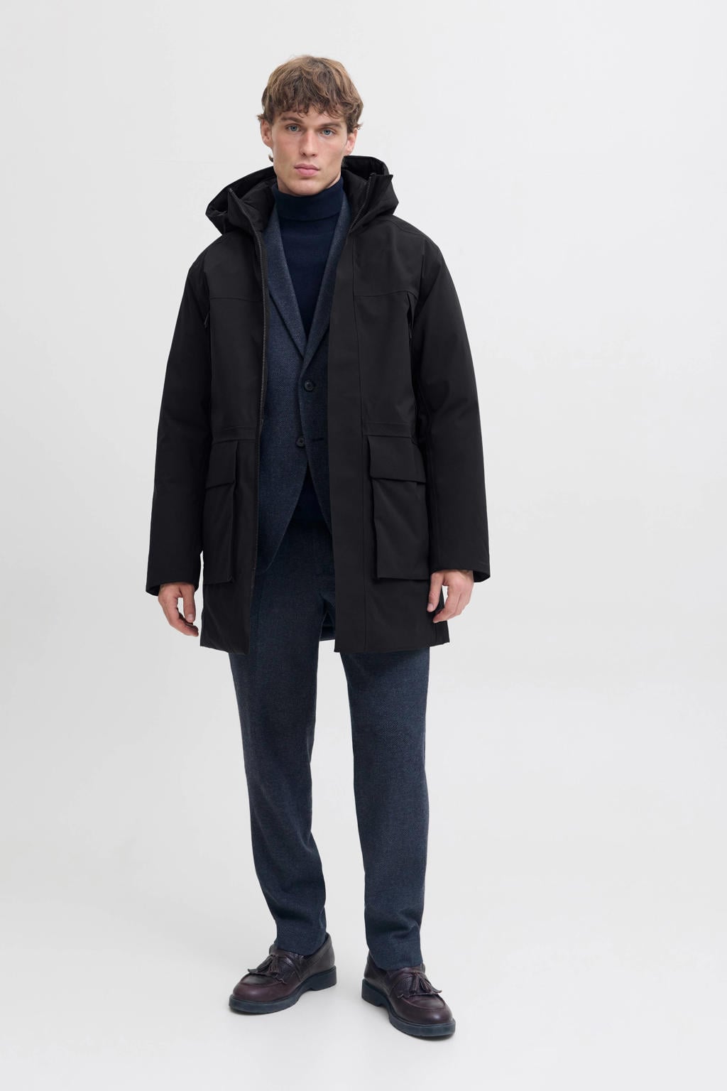 Zwarte heren JACK & JONES PREMIUM parka van polyester met effen, lange mouwen, capuchon, rits met windvanger en gebreide details