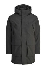 thumbnail: Zwarte heren JACK & JONES PREMIUM parka van polyester met effen, lange mouwen, capuchon, rits met windvanger en gebreide details