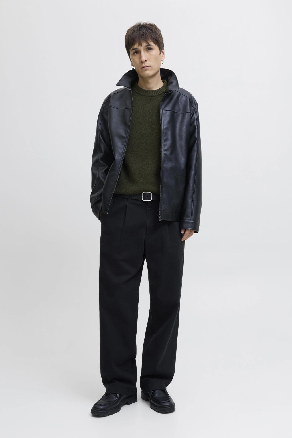Donkergroene heren JACK & JONES ESSENTIALS gebreide trui van wol met effen, lange mouwen en ronde hals
