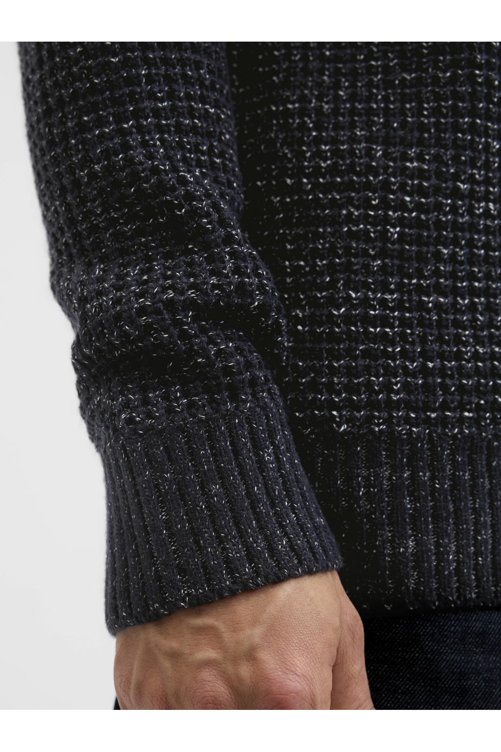 Donkerblauwe heren JACK & JONES trui grof gebreid van acryl met melée print en lange mouwen
