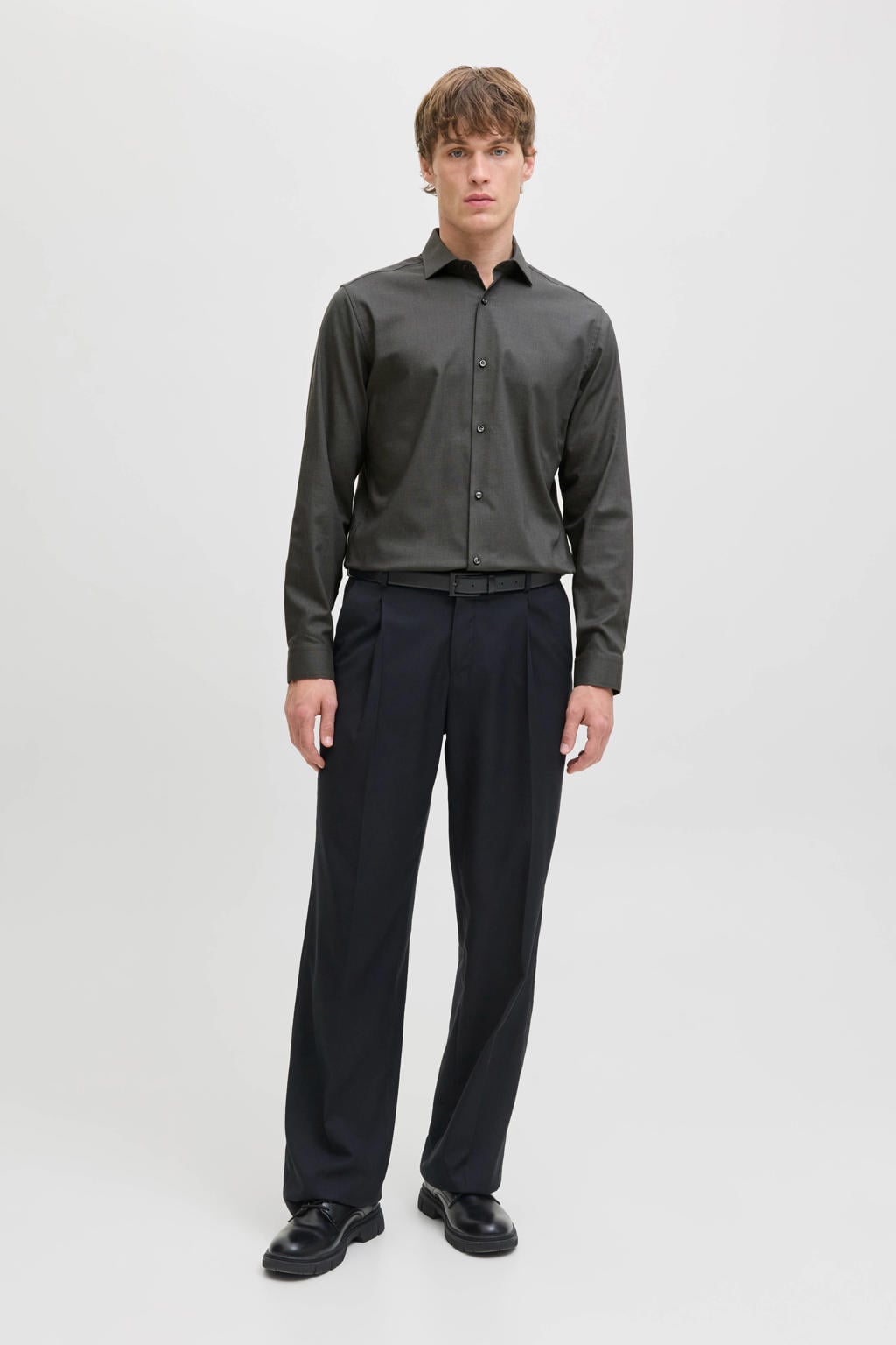 Antraciete heren JACK & JONES ESSENTIALS slim zakelijk overhemd van katoen met melée print, lange mouwen en klassieke kraag
