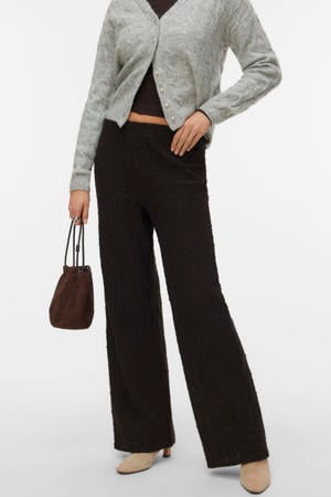 wide leg high waist casual broek donkerbruin