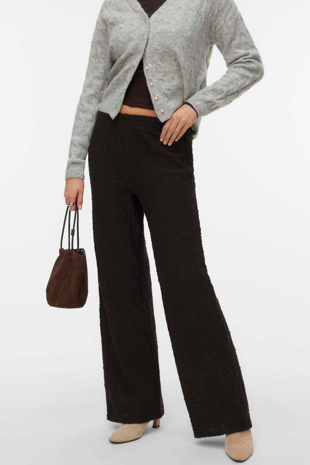 Donkerblauwe dames VERO MODA wide leg high waist casual broek van katoen met effen