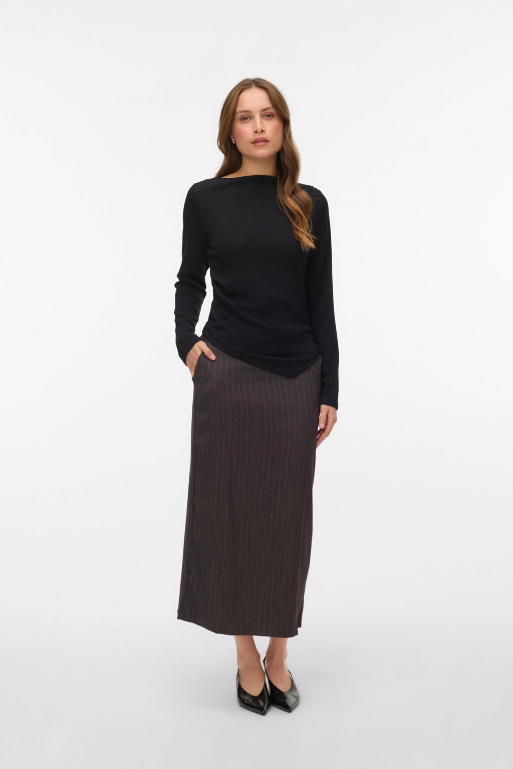 Zwarte dames VERO MODA asymmetrische top van polyester met effen, lange mouwen en boothals