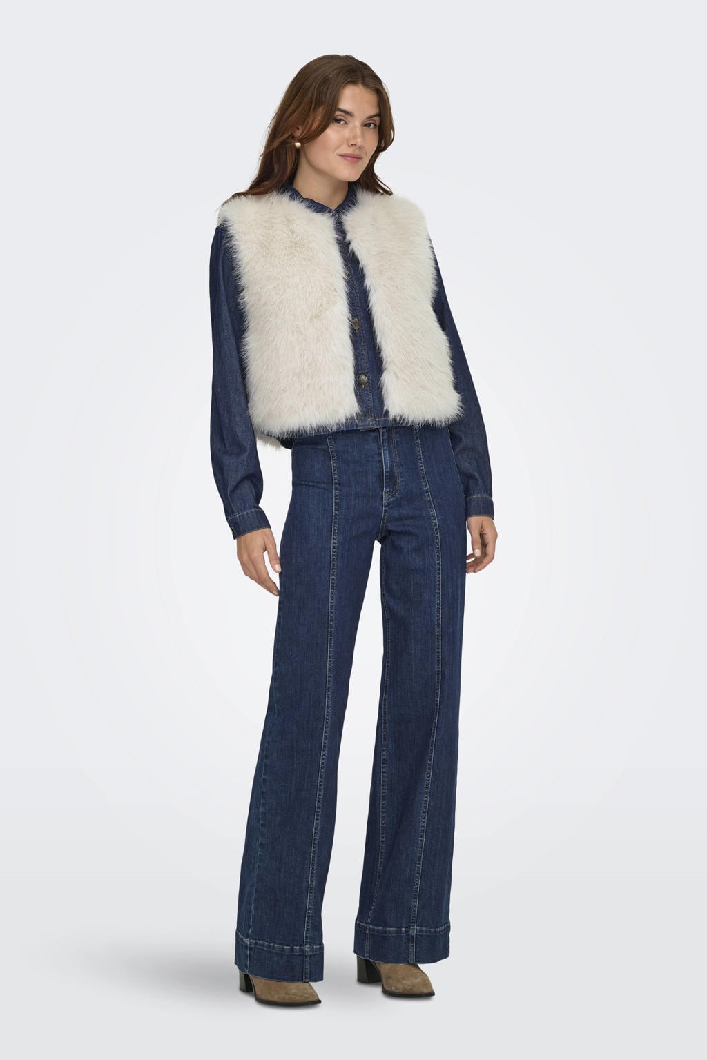 JDY faux fur jas ecru