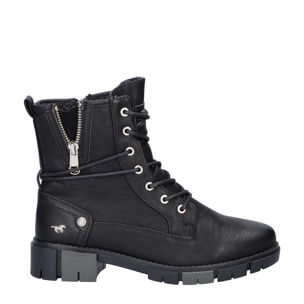 Zwarte dames Mustang veterboots van imitatieleer met rits- en vetersluiting