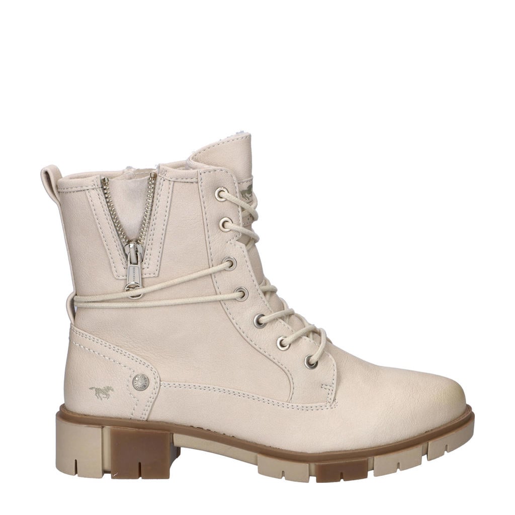 Ecru dames Mustang veterboots van imitatieleer met rits- en vetersluiting